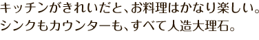 キッチンがきれいだと、お料理はかなり楽しい。シンクもカウンターも、すべて人造大理石。